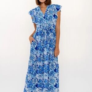 Blue and White Ruffled Tiered Maxi Sundress